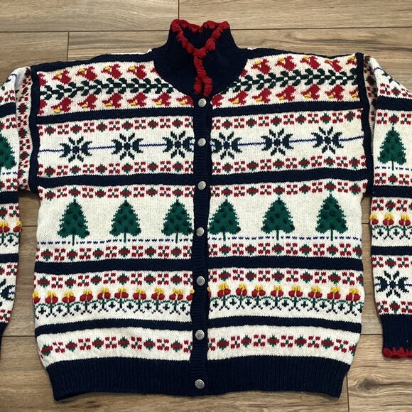 Christmas Cardigan Sweater SZ Large Fair Isle Holiday Trees 100% Wool Collared - Picture 2 of 13